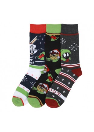 3 PAIRS DE BAS LOONEY TUNES -  BUGS BUNNY, MARVIN LE MARCIEN ET TAZMANIAN DEVIL  (NEUF)