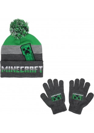 TUQUE MINECRAFT PLUS GANTS POUR ENFANTS AVEC MOTIF CREEPER  (NEUF)