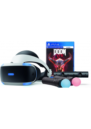 ENSEMBLE CASQUE PLAYSTATION VR AVEC MANETTES ET DOOM VFR  (USAGÉ)